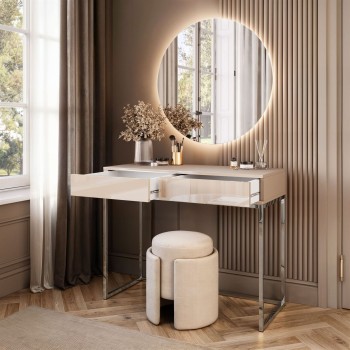 Schminktisch BLANCO GLAMOUR KASCHMIR auf verchromtem Gestell mit LED-Spiegel