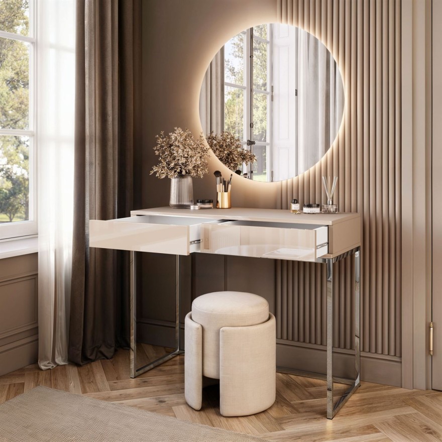 Schminktisch BLANCO GLAMOUR KASCHMIR auf verchromtem Gestell mit LED-Spiegel