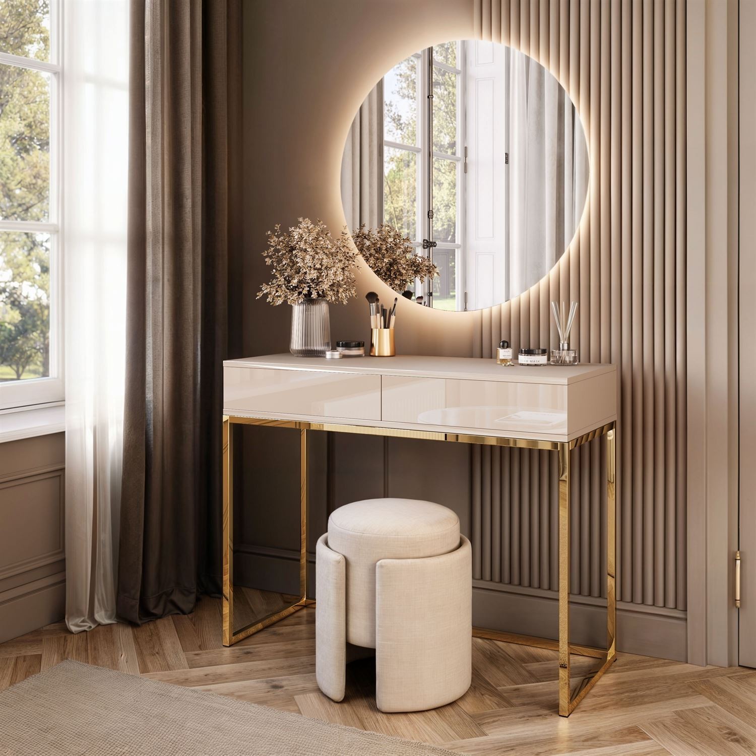 copy of BLANCO GLAMOUR Kaschmir Schminktisch auf golden verchromtem Gestell mit LED-Spiegel
