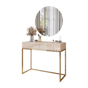 BLANCO GLAMOUR Kaschmir Schminktisch auf golden verchromtem Gestell mit LED-Spiegel