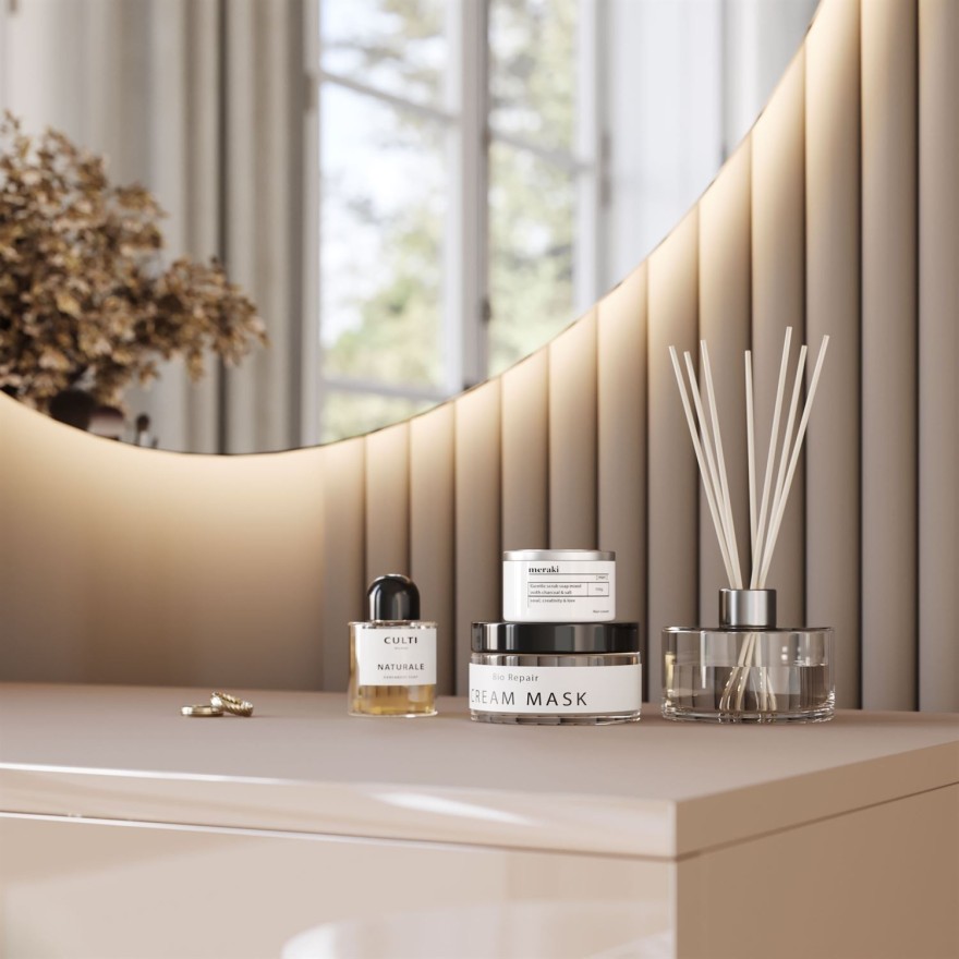 BLANCO GLAMOUR Kaschmir Schminktisch auf golden verchromtem Gestell mit LED-Spiegel