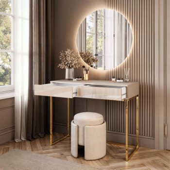 BLANCO GLAMOUR Kaschmir Schminktisch auf golden verchromtem Gestell mit LED-Spiegel