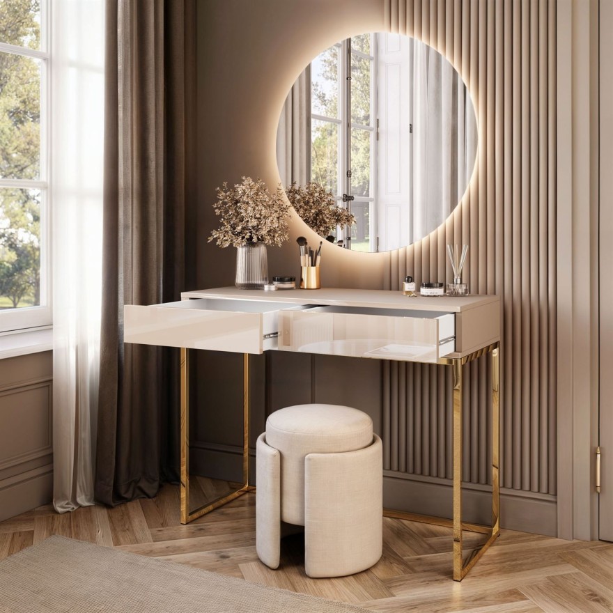 BLANCO GLAMOUR Kaschmir Schminktisch auf golden verchromtem Gestell mit LED-Spiegel