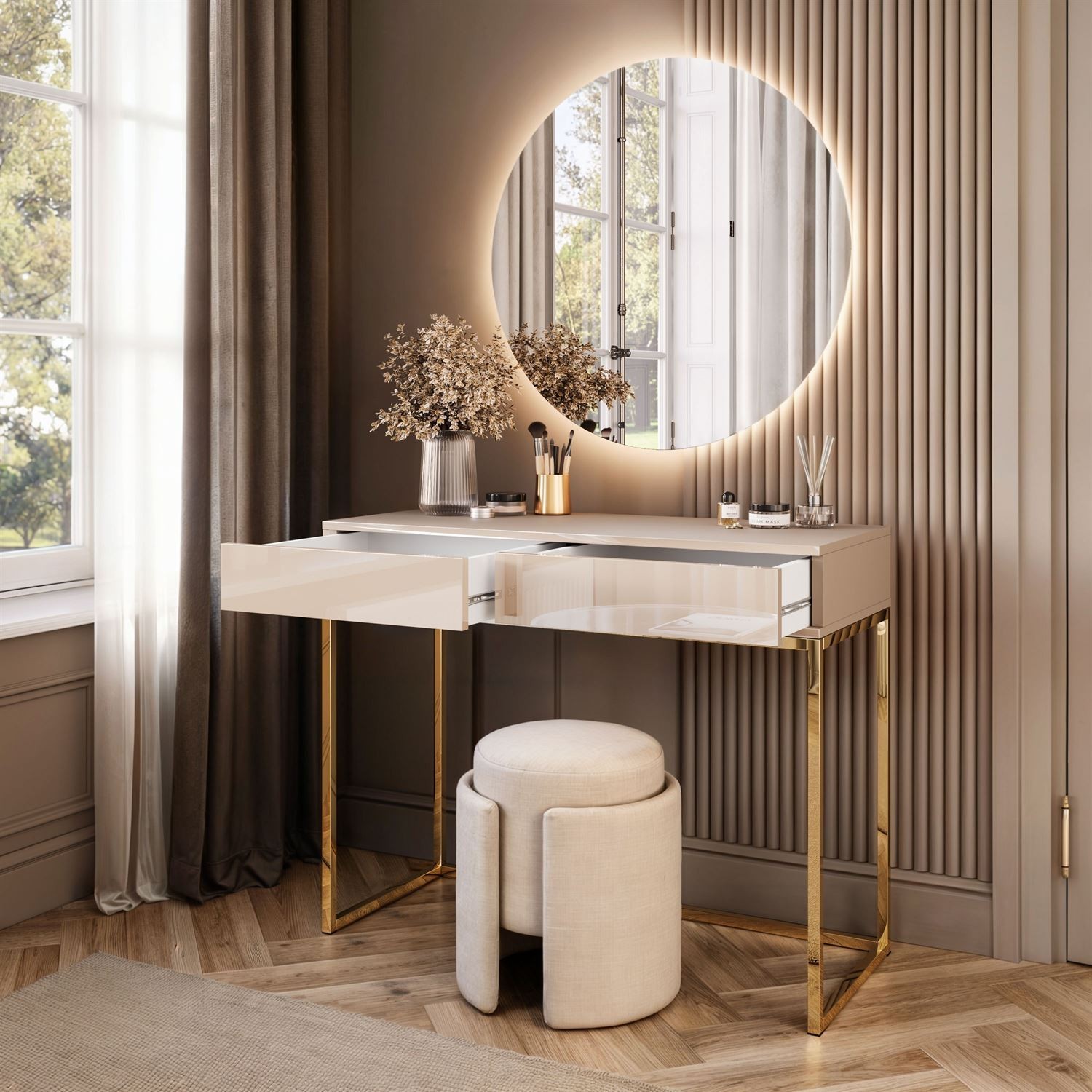 copy of BLANCO GLAMOUR Kaschmir Schminktisch auf golden verchromtem Gestell mit LED-Spiegel