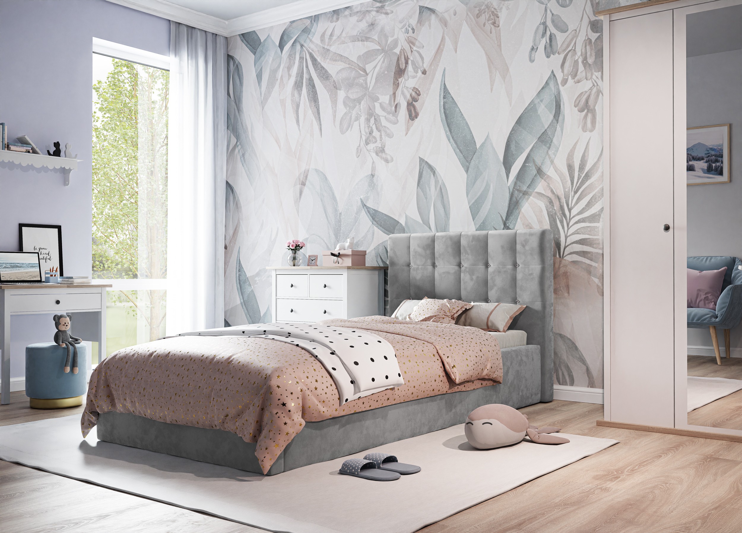 Polsterbett LILI II 90x200 cm Einzelbett mit Krostalknöpfen