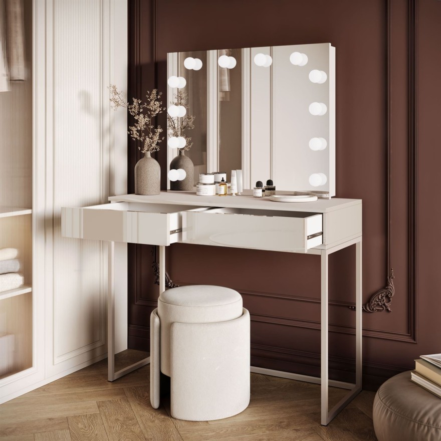 Schminktisch BLANCO KACHMIR ELITE mit Spiegel und Beleuchtung auf einem Kaschmirrahmen