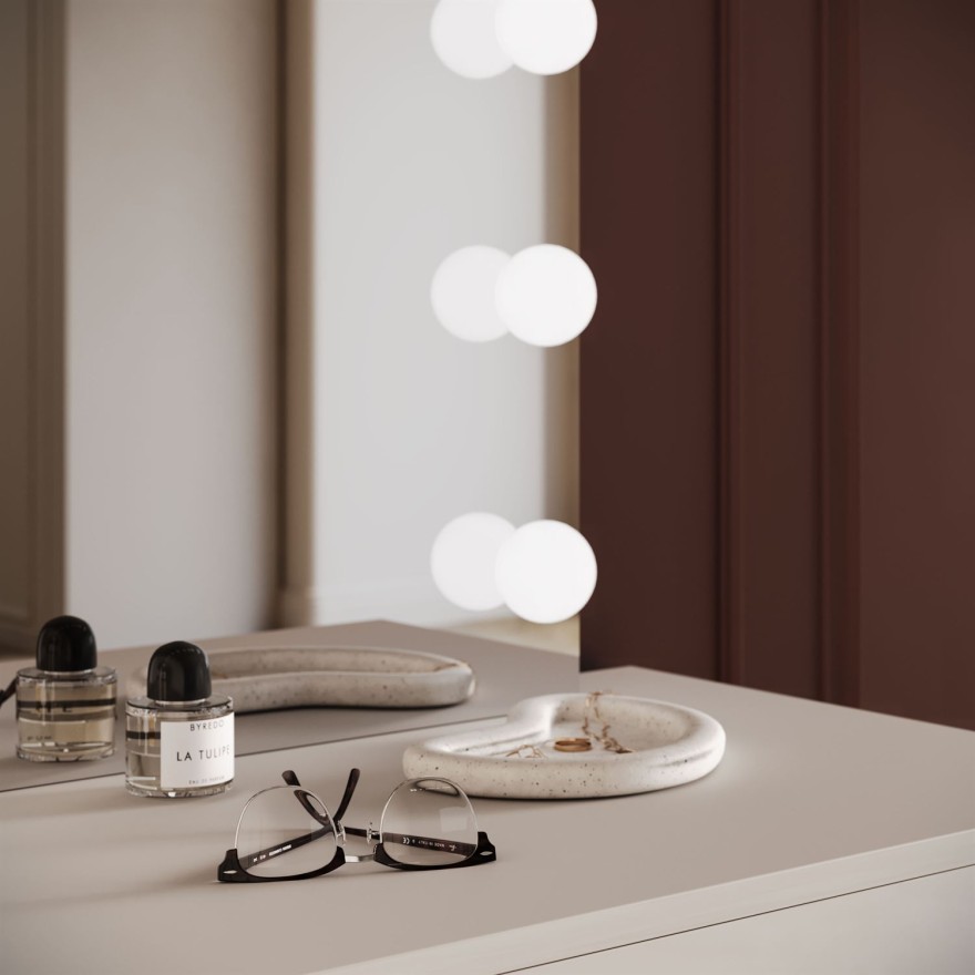 Schminktisch BLANCO KACHMIR ELITE mit Spiegel und Beleuchtung auf einem Kaschmirrahmen