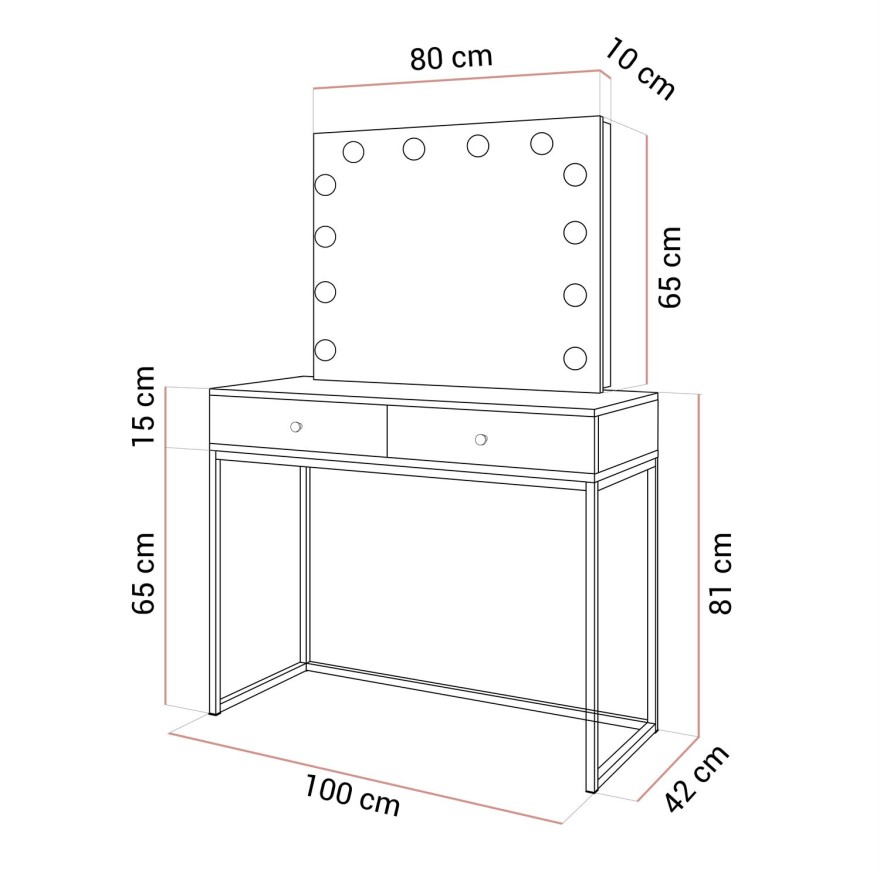 Schminktisch BLANCO KACHMIR ELITE mit Spiegel und Beleuchtung auf einem Kaschmirrahmen