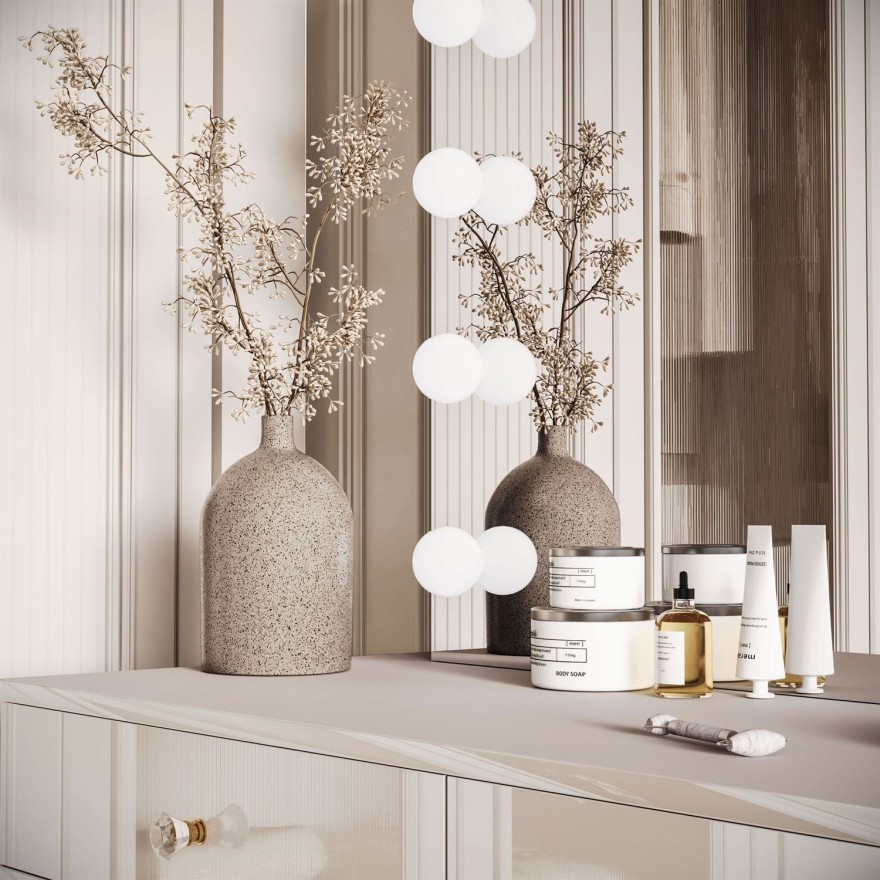 Schminktisch  BLANCO KASCHMIR ELITE mit Spiegel und Beleuchtung auf auf goldenem Rahmen