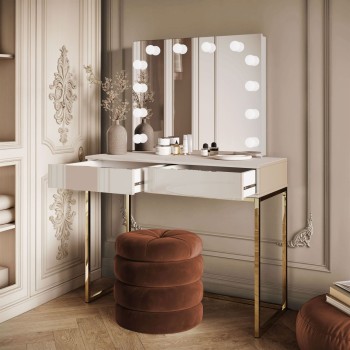 Schminktisch  BLANCO KASCHMIR ELITE mit Spiegel und Beleuchtung auf auf goldenem Rahmen