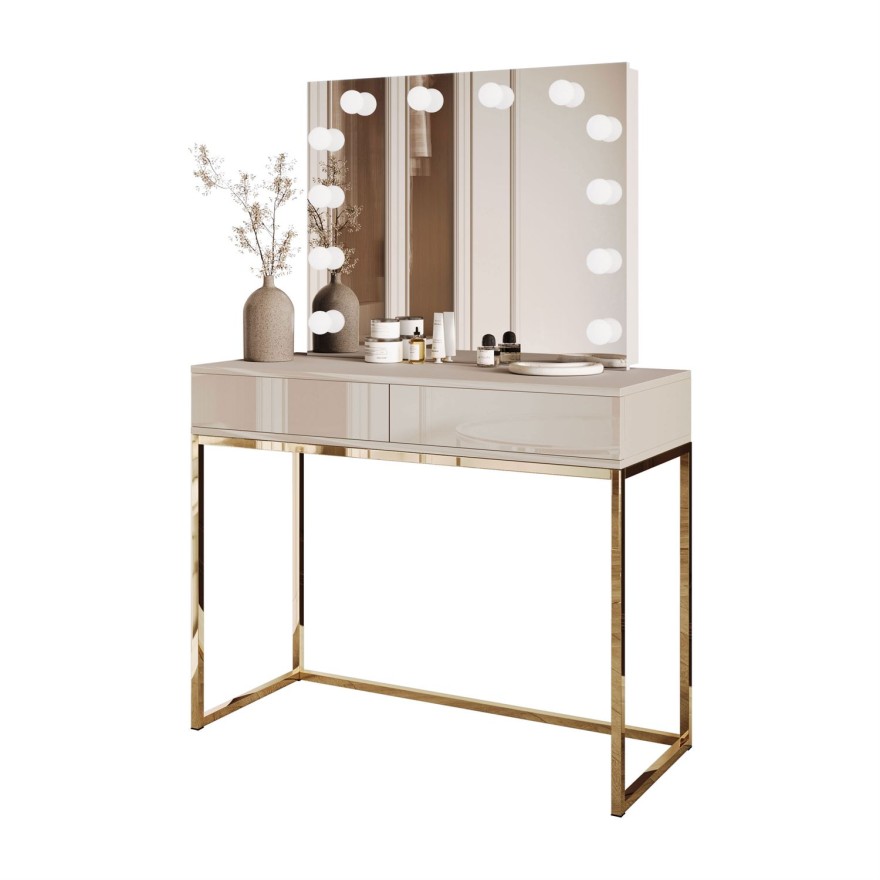 Schminktisch  BLANCO KASCHMIR ELITE mit Spiegel und Beleuchtung auf auf goldenem Rahmen