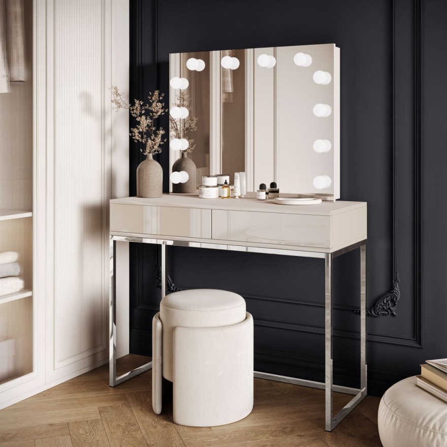 Schminktisch BLANCO KACHMIR ELITE mit Spiegel und Beleuchtung silberchrom