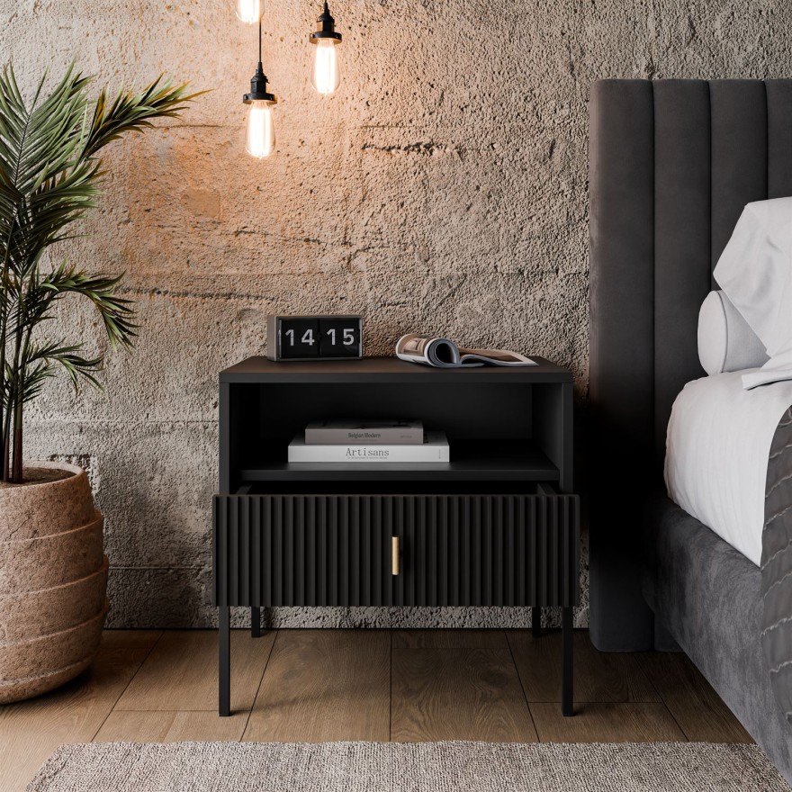 Nachttisch MIDNIGHT mit geriffelter Front auf Gestell