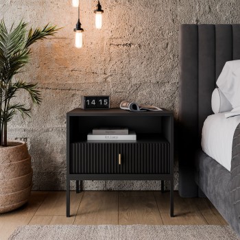 Nachttisch MIDNIGHT mit geriffelter Front auf Gestell