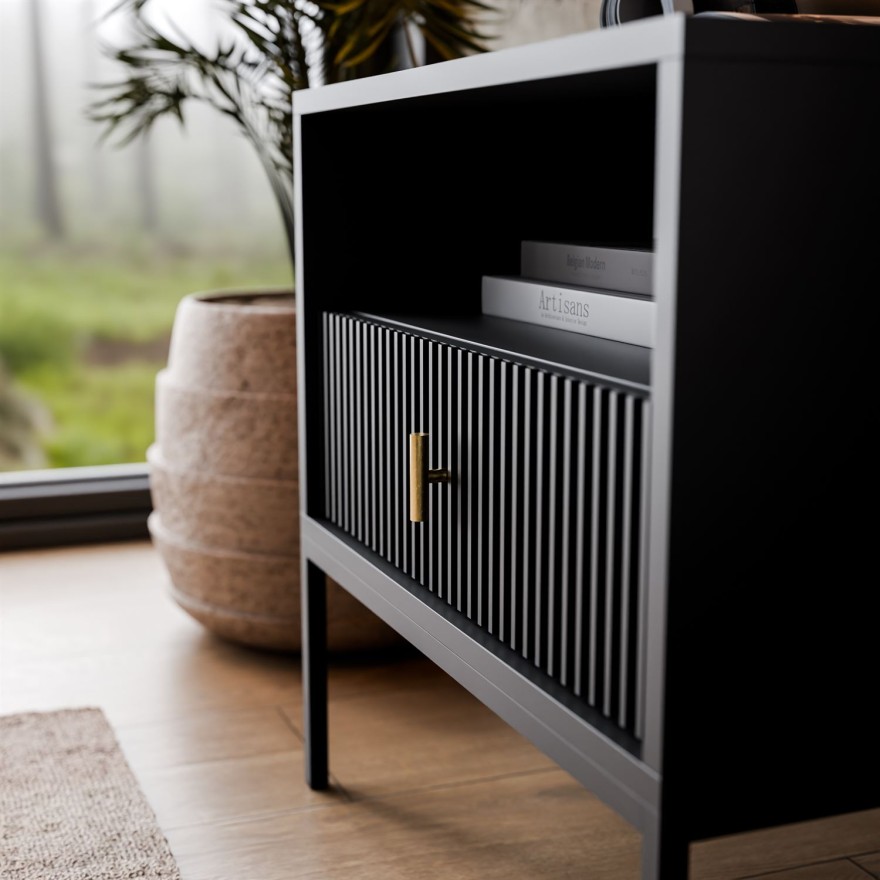 Nachttisch MIDNIGHT mit geriffelter Front auf Gestell