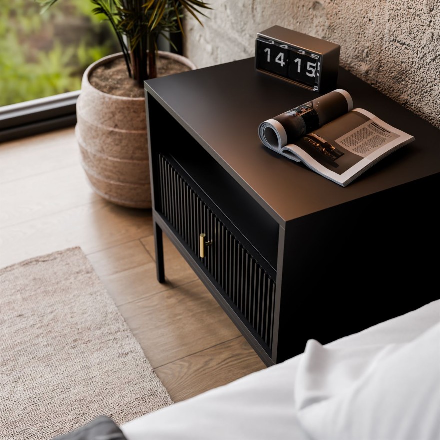 Nachttisch MIDNIGHT mit geriffelter Front auf Gestell