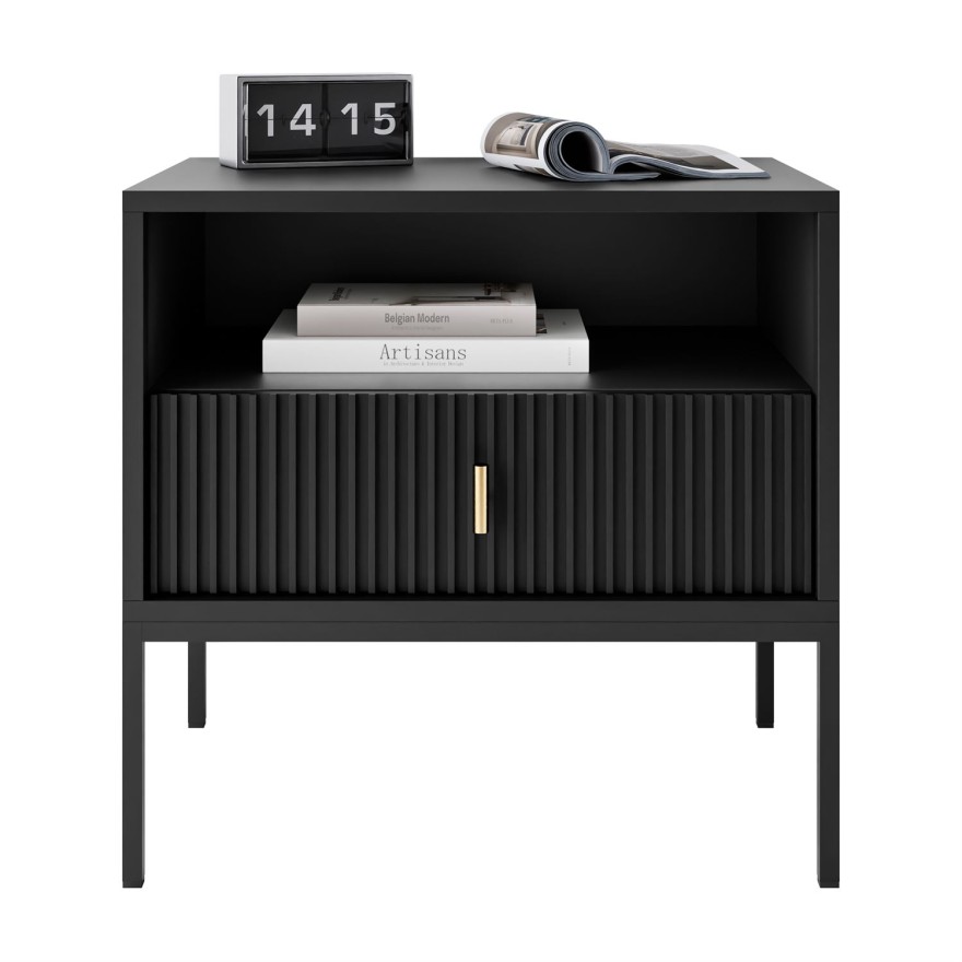 Nachttisch MIDNIGHT mit geriffelter Front auf Gestell