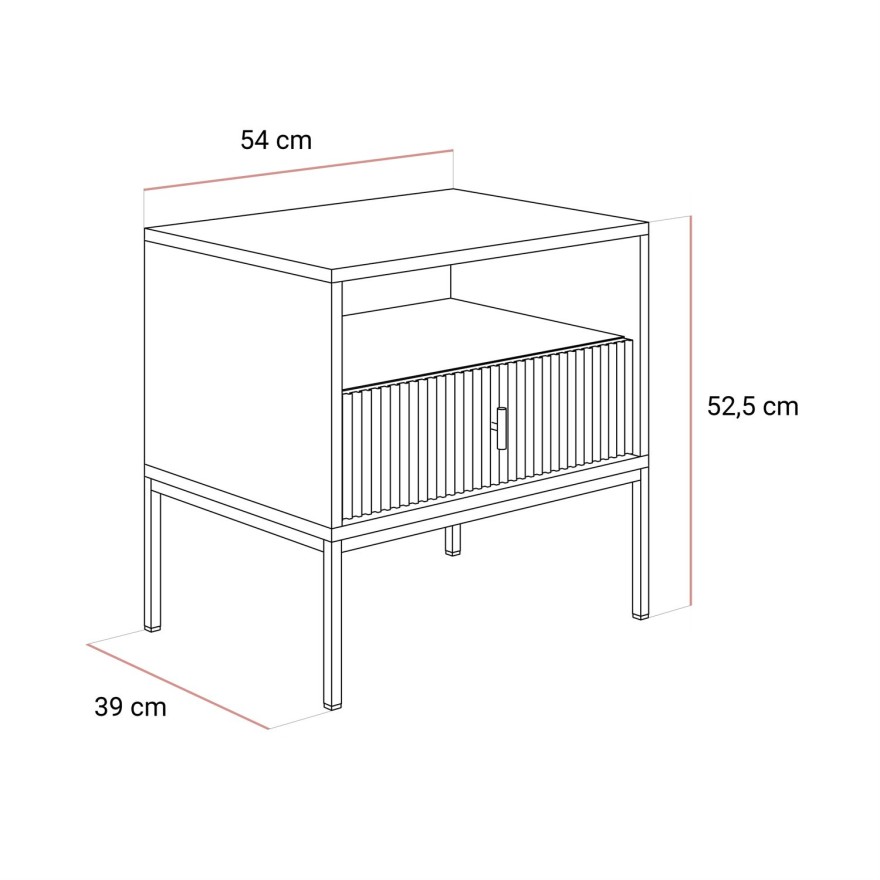 Nachttisch MIDNIGHT mit geriffelter Front auf Gestell