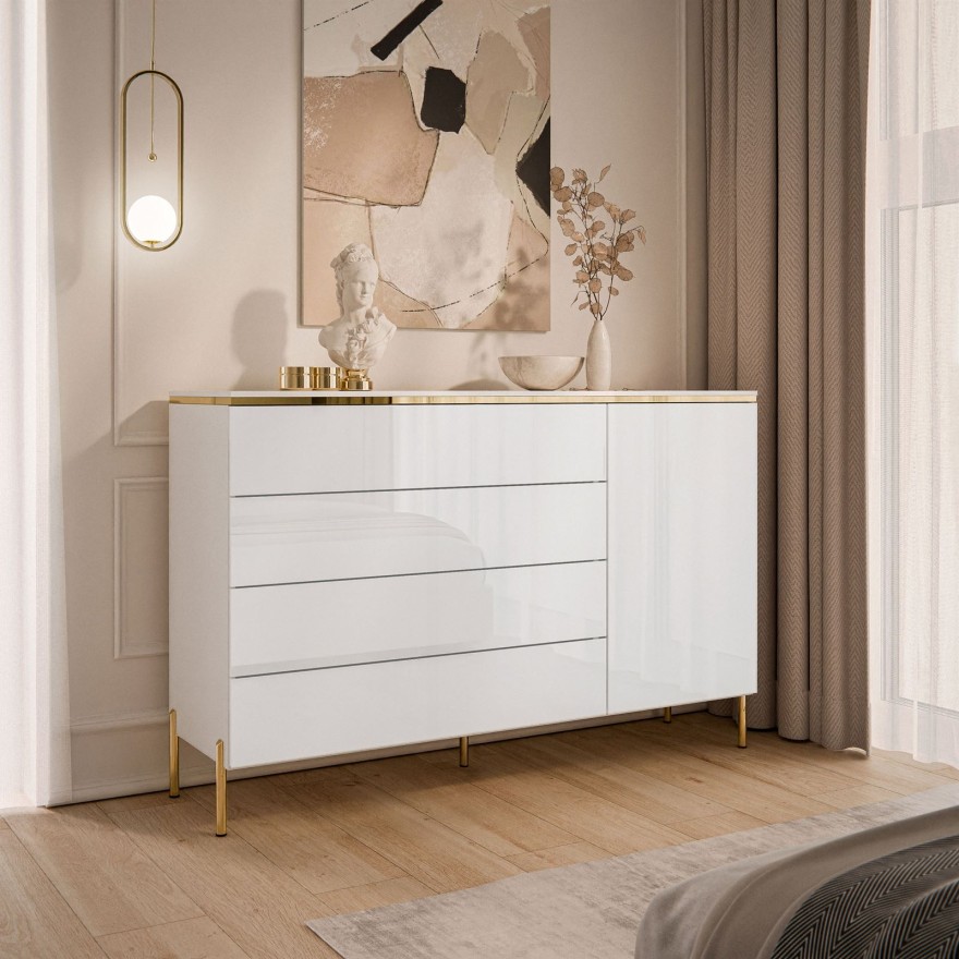 Kommode AURORA mit Schubladen weiß glänzend auf Beinen