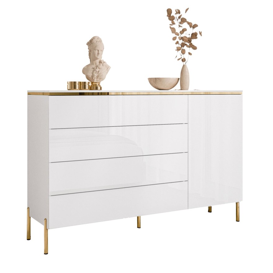Kommode AURORA mit Schubladen weiß glänzend auf Beinen