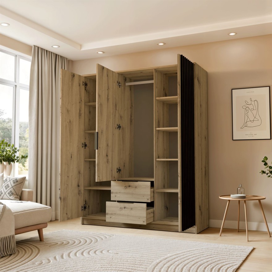 Dreitüriger Kleiderschrank NELA mit Lamellen 155 cm