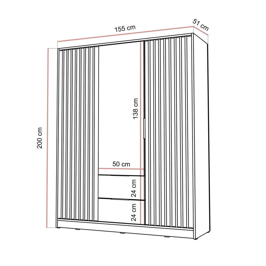 Dreitüriger Kleiderschrank NELA mit Lamellen 155 cm