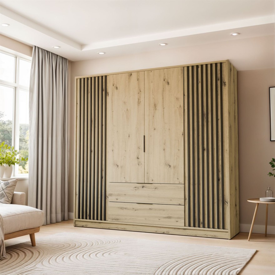 Viertüriger Kleiderschrank NELA mit Lamellen 206 cm
