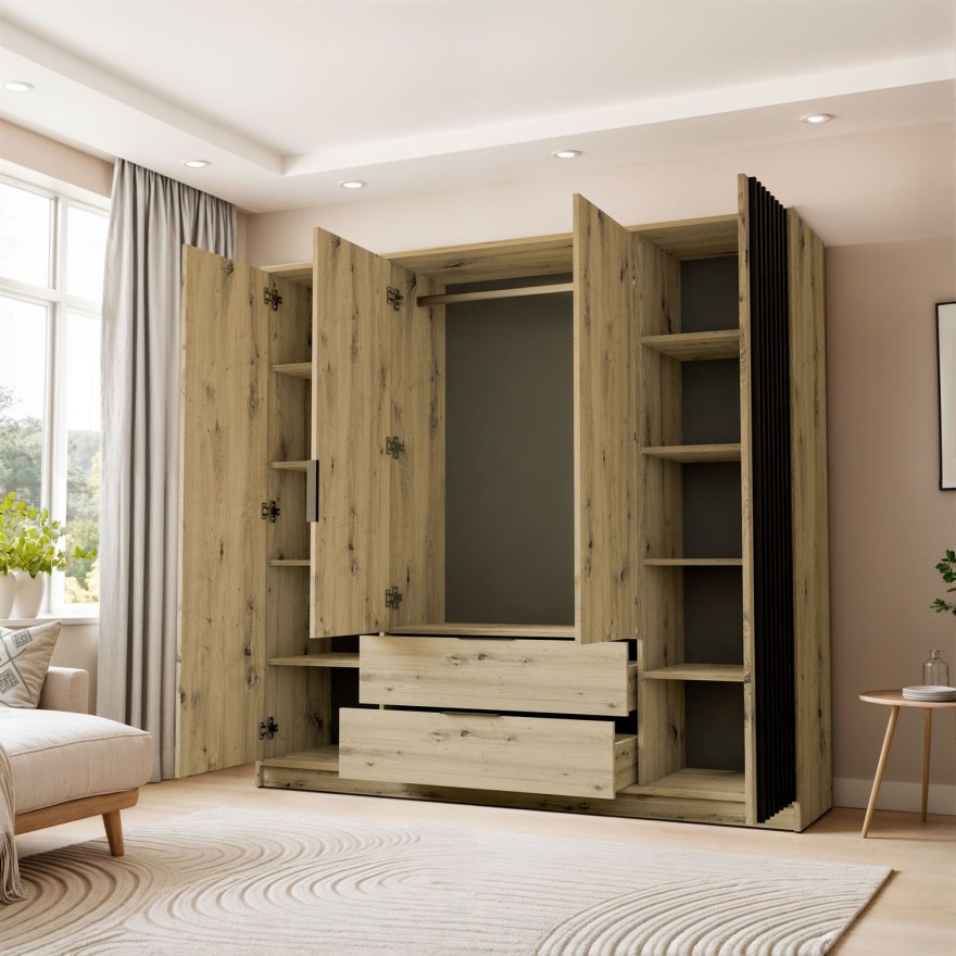 Viertüriger Kleiderschrank NELA mit Lamellen 206 cm