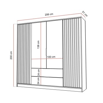 Viertüriger Kleiderschrank NELA mit Lamellen 206 cm