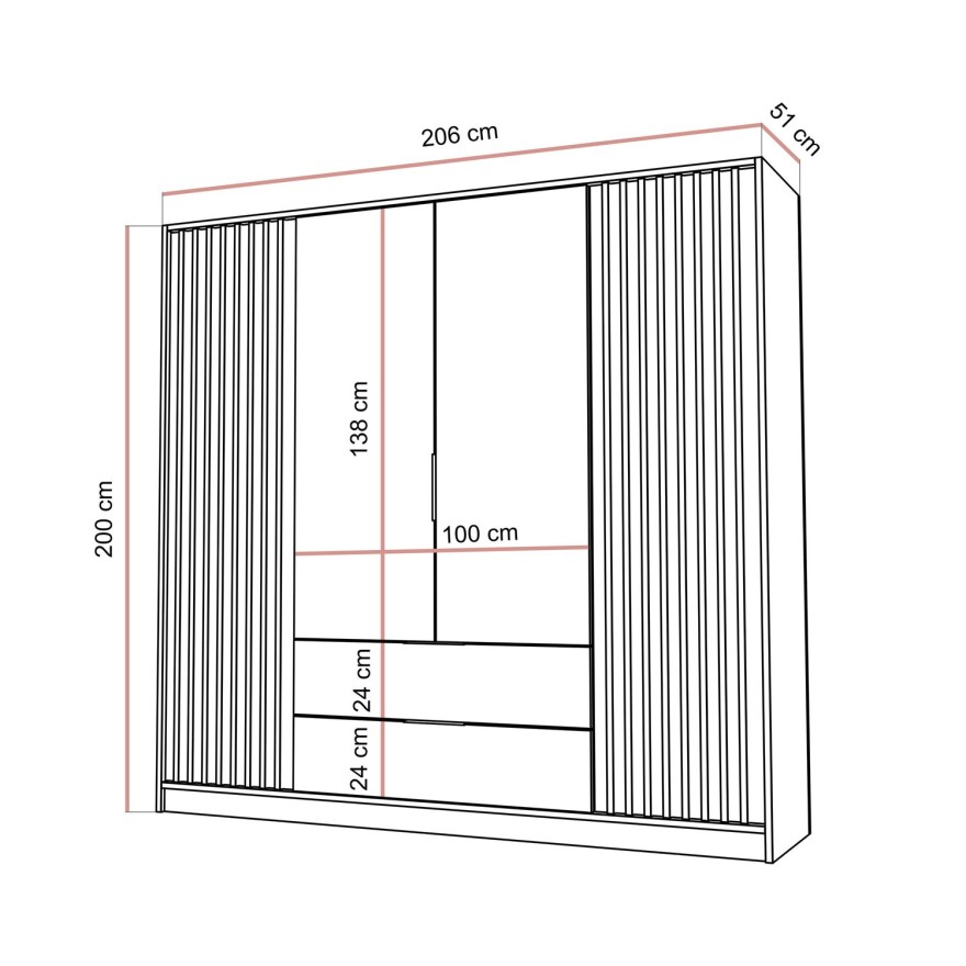Viertüriger Kleiderschrank NELA mit Lamellen 206 cm