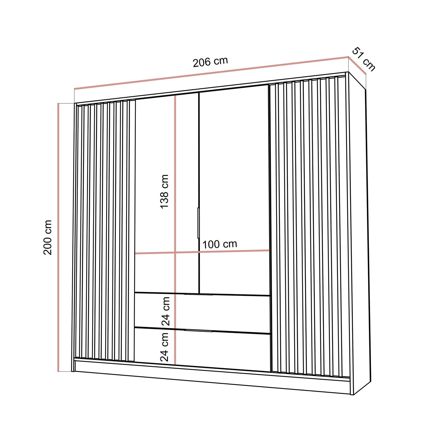 Viertüriger Kleiderschrank NELA mit Lamellen 206 cm