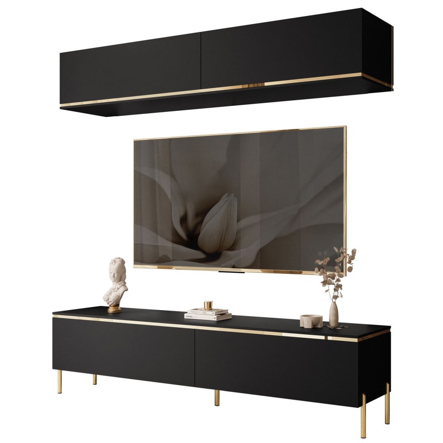 Wohnwand AURORA II schwarz matt auf Beinen