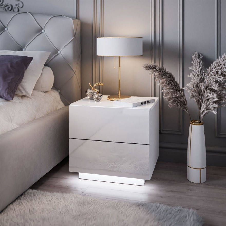 LINA LUX Nachttisch mit Griffen und LED-Hochglanzplatte