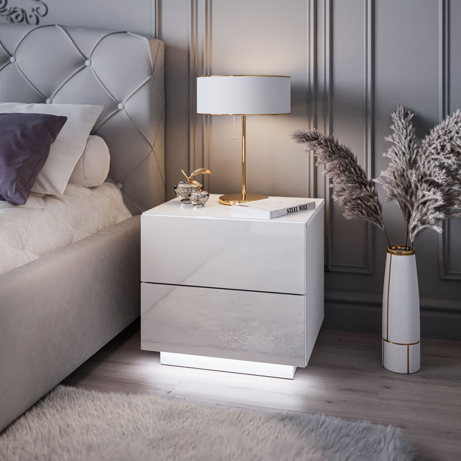 LINA LUX Nachttisch mit Griffen und LED-Hochglanzplatte