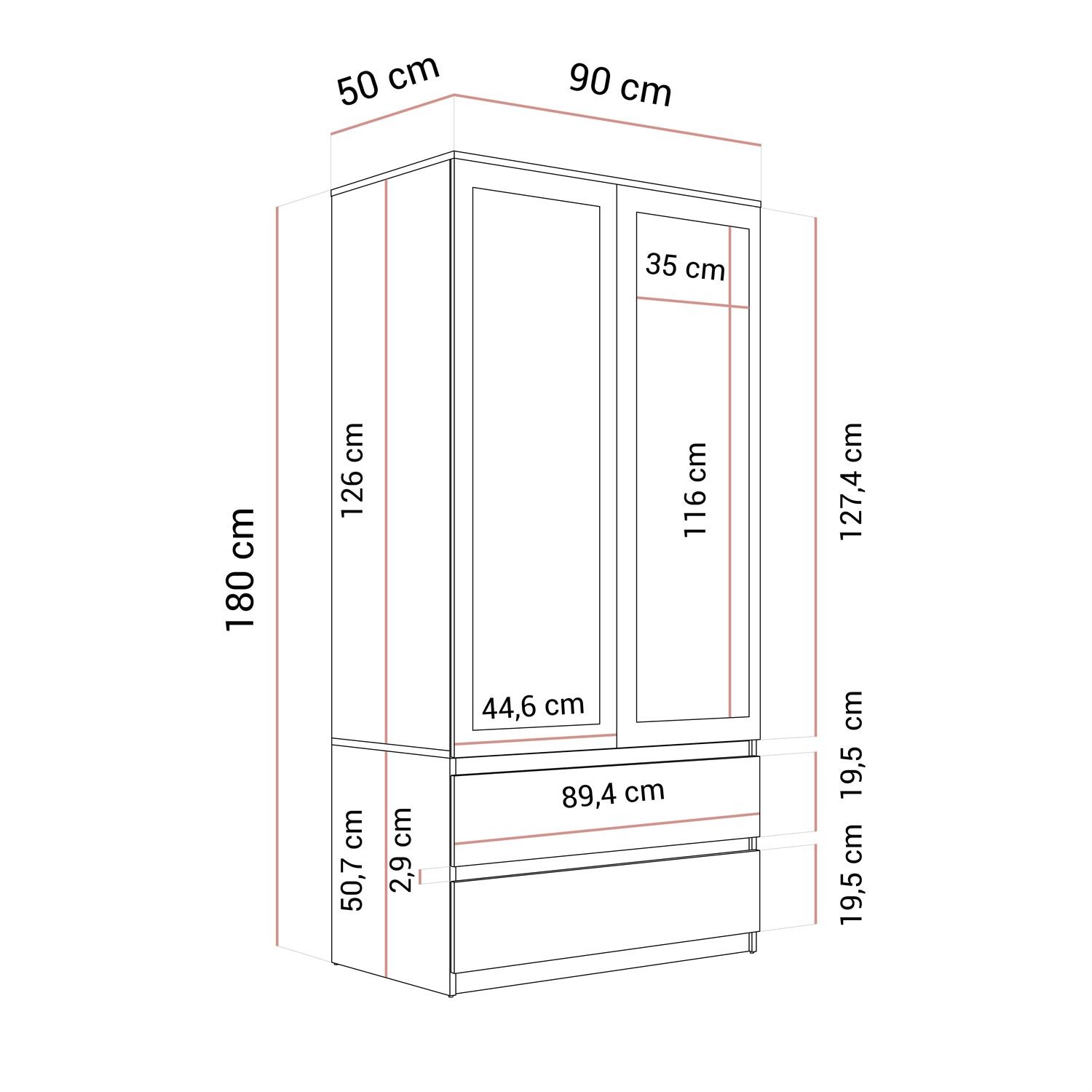Zweitrüriger Schrank HANA SS-90 mit Spiegel