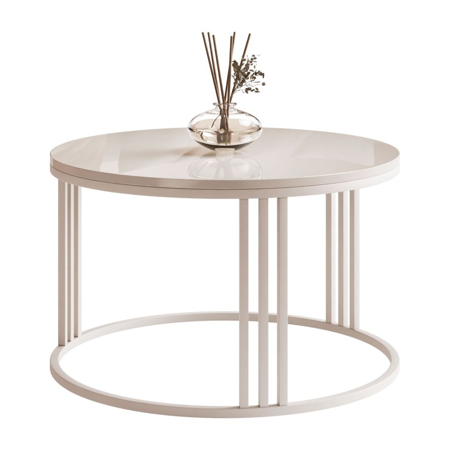 Runder Couchtisch LORI Hochglanz auf kaschmirfarbenem Gestell