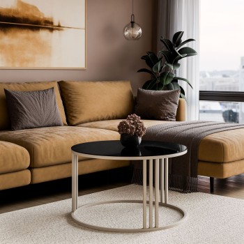 Runder Couchtisch LORI GLASS auf kaschmirfarbenem Gestell