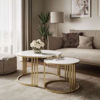 Runder Couchtisch 2in1 LORI GLASS gebürstetes Gold