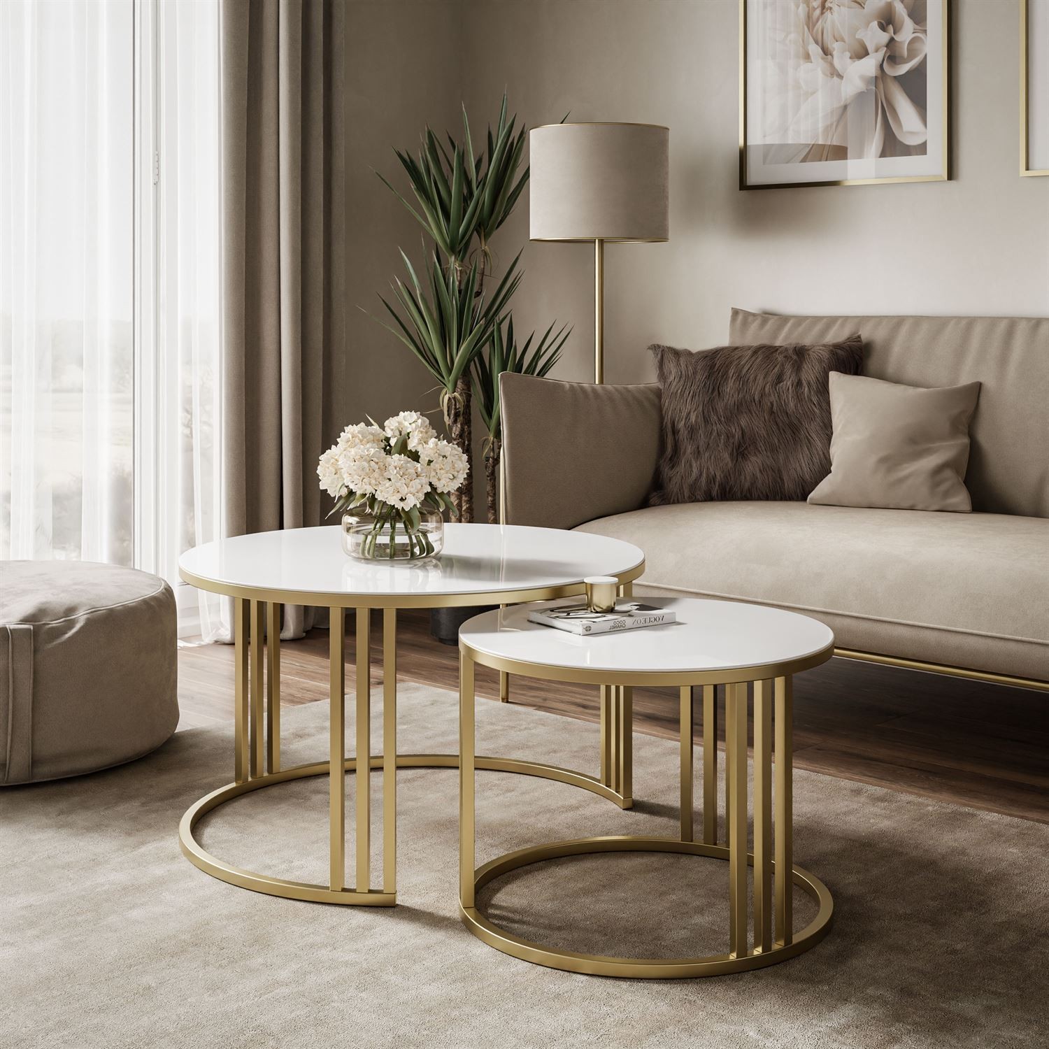 Runder Couchtisch 2in1 LORI GLASS gebürstetes Gold