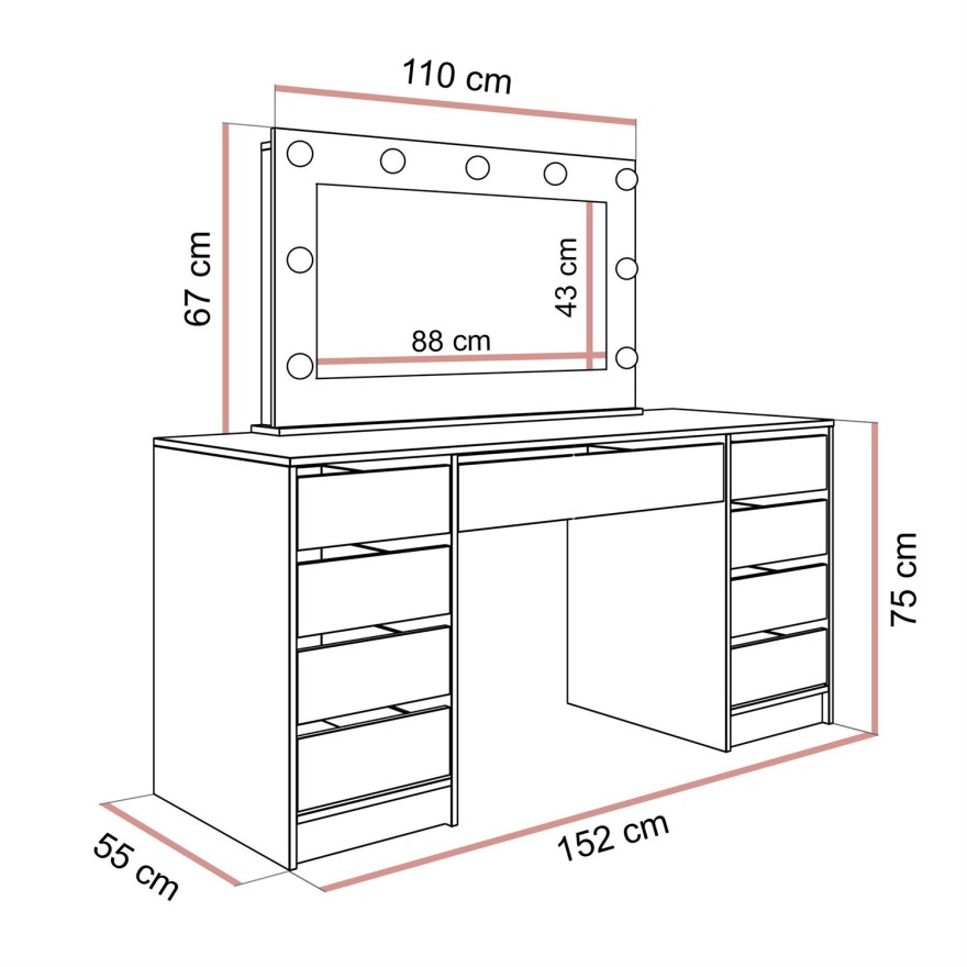 Schminktisch MADA DOUBLE mit LED-Beleuchtung