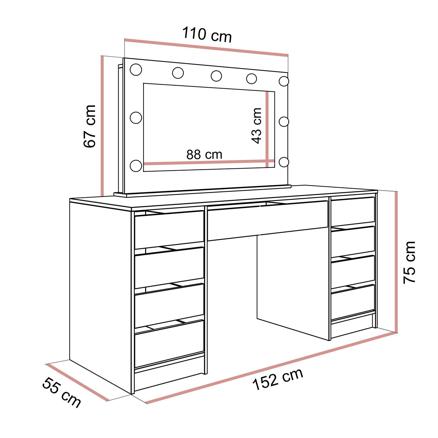 Schminktisch MADA DOUBLE mit LED-Beleuchtung
