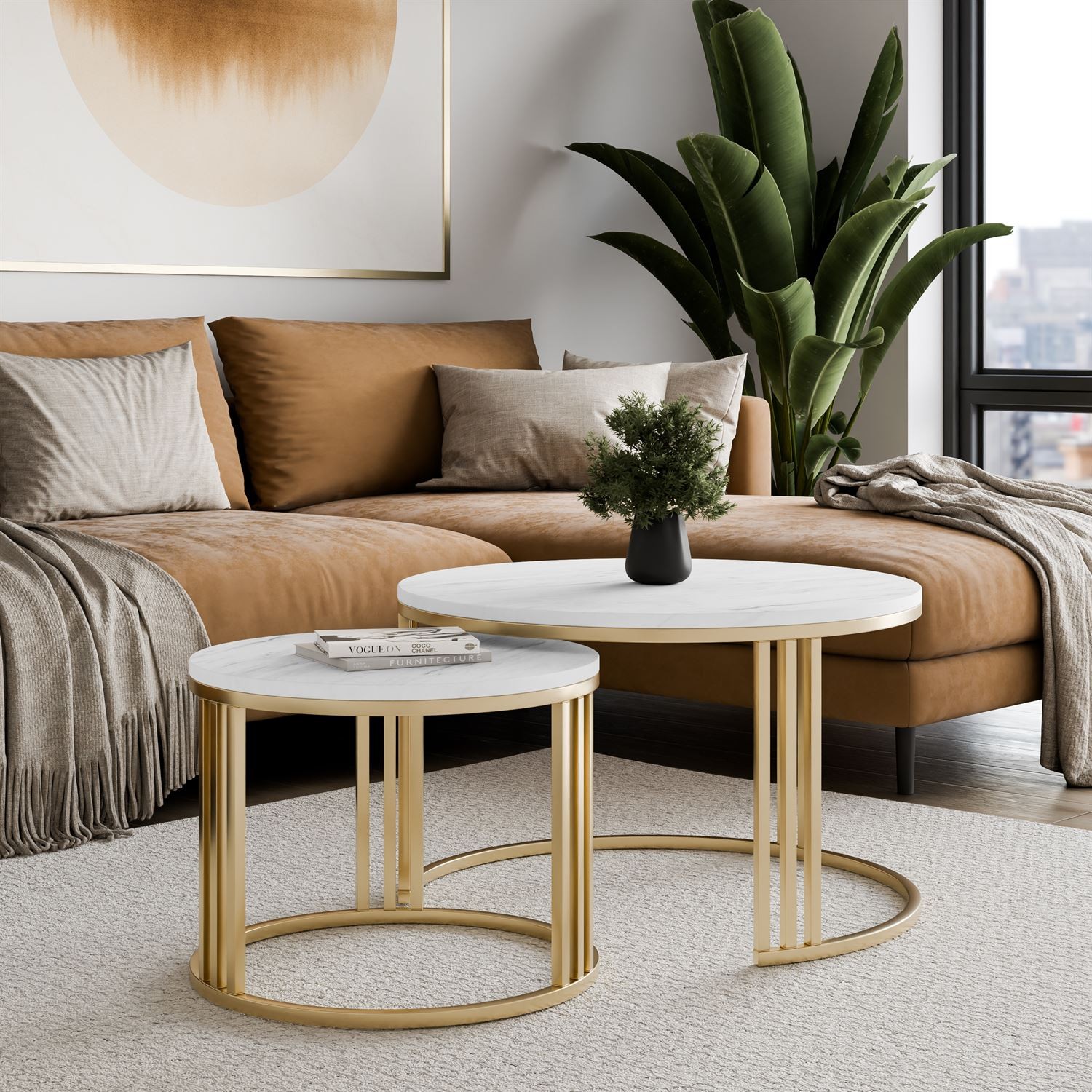 Runder Couchtisch 2in1 LORI MAT gebürstetes Gold