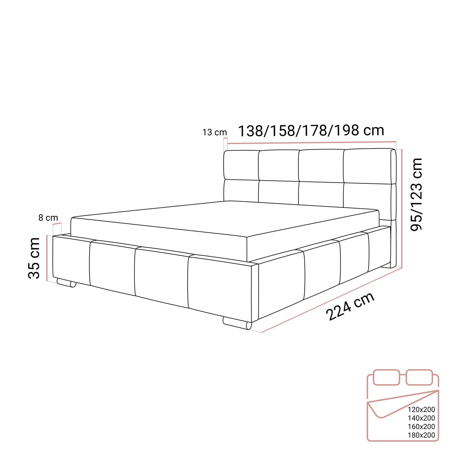 Polsterbett SARA mit Behälter 120/140/160/180x200 cm