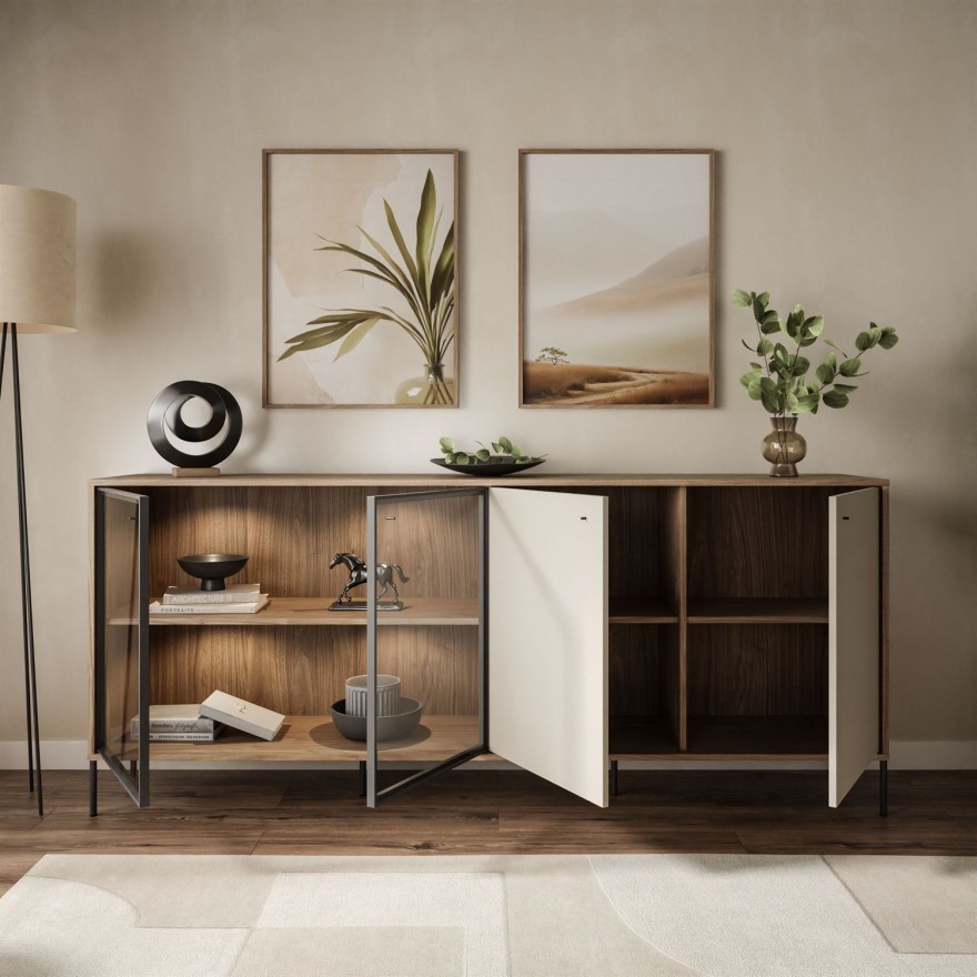 Viertürige Kommode ISA 4D mit LED-Beleuchtung auf hohen Beinen