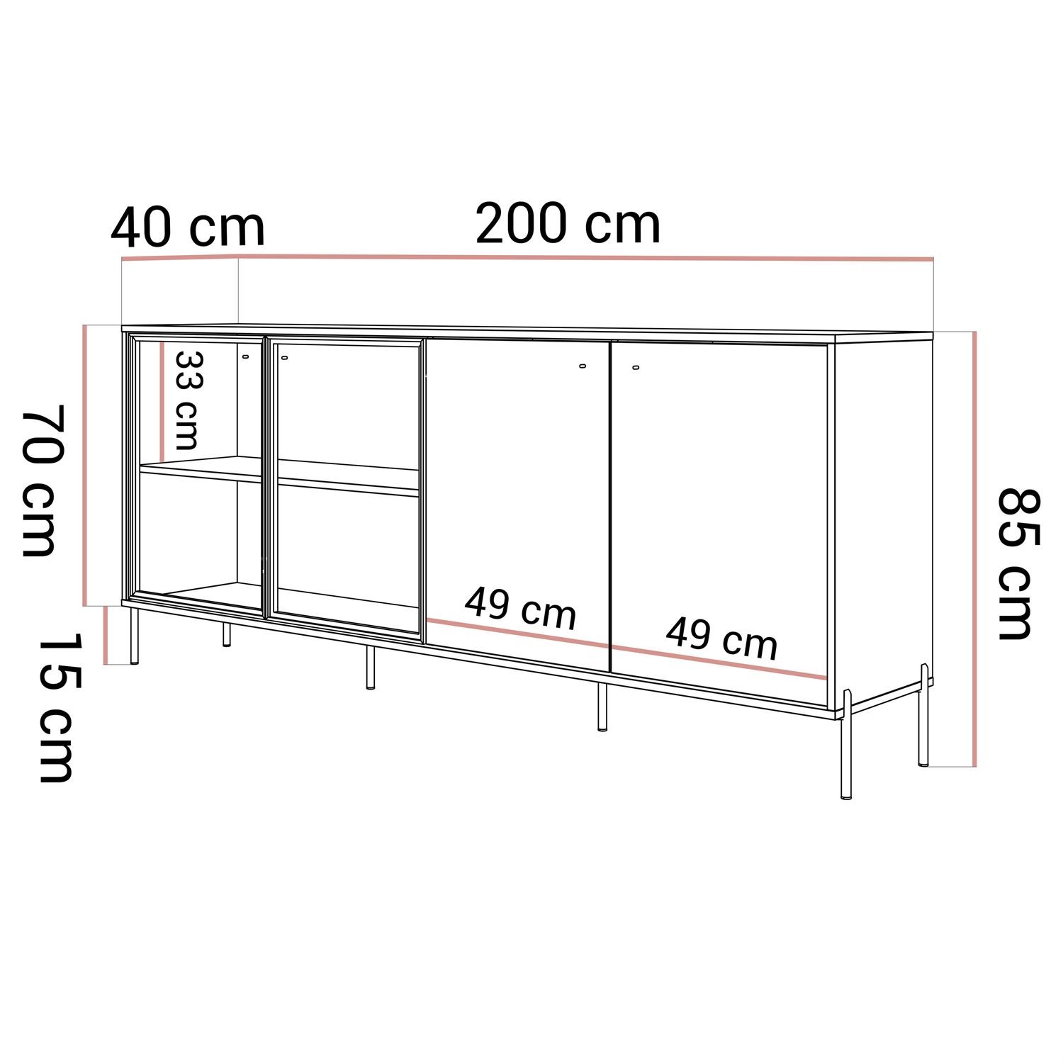 Viertürige Kommode ISA 4D mit LED-Beleuchtung auf hohen Beinen