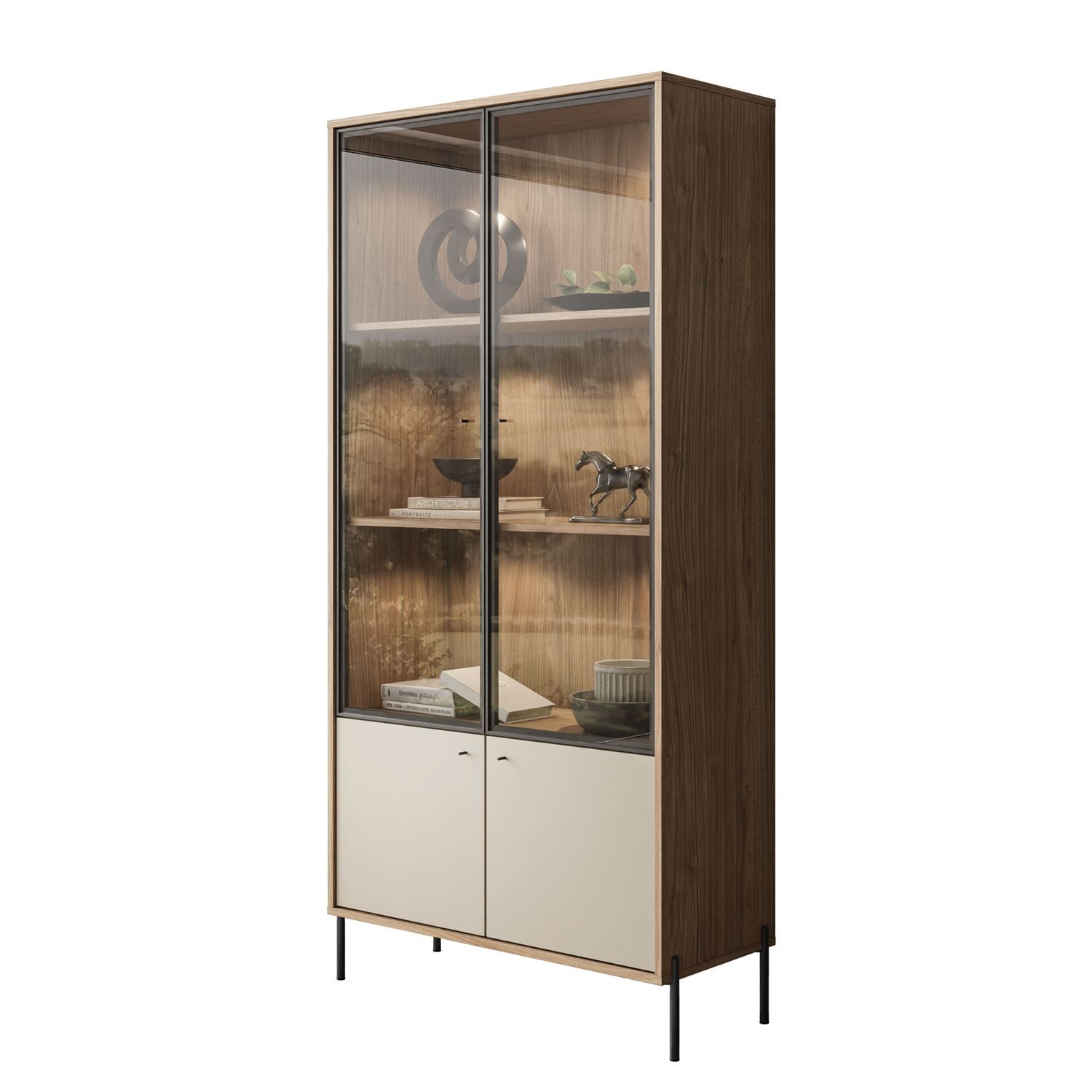 ISA-Vitrine mit zwei Türen, LED-Beleuchtung und hohen Füßen