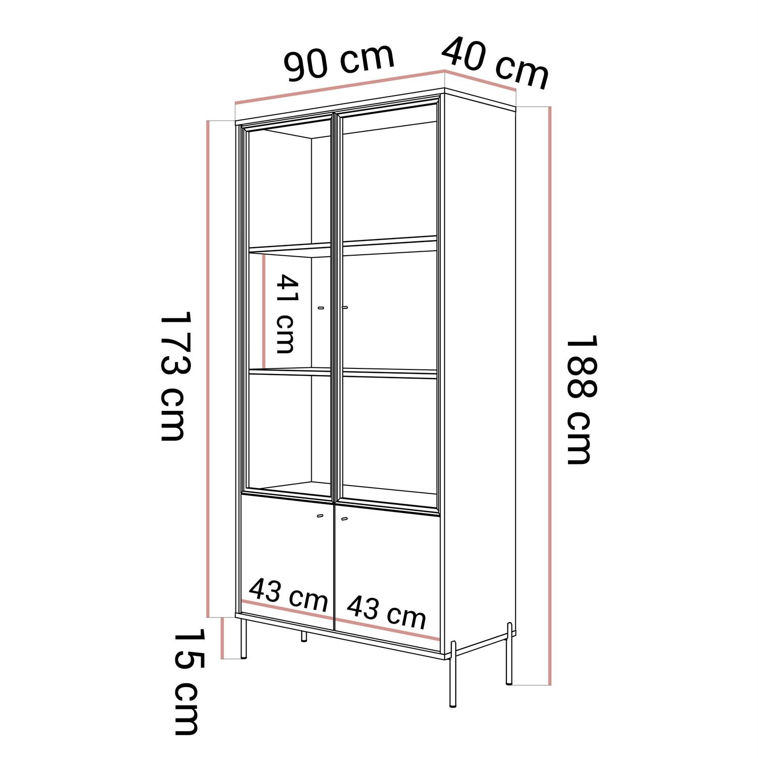 ISA-Vitrine mit zwei Türen, LED-Beleuchtung und hohen Füßen