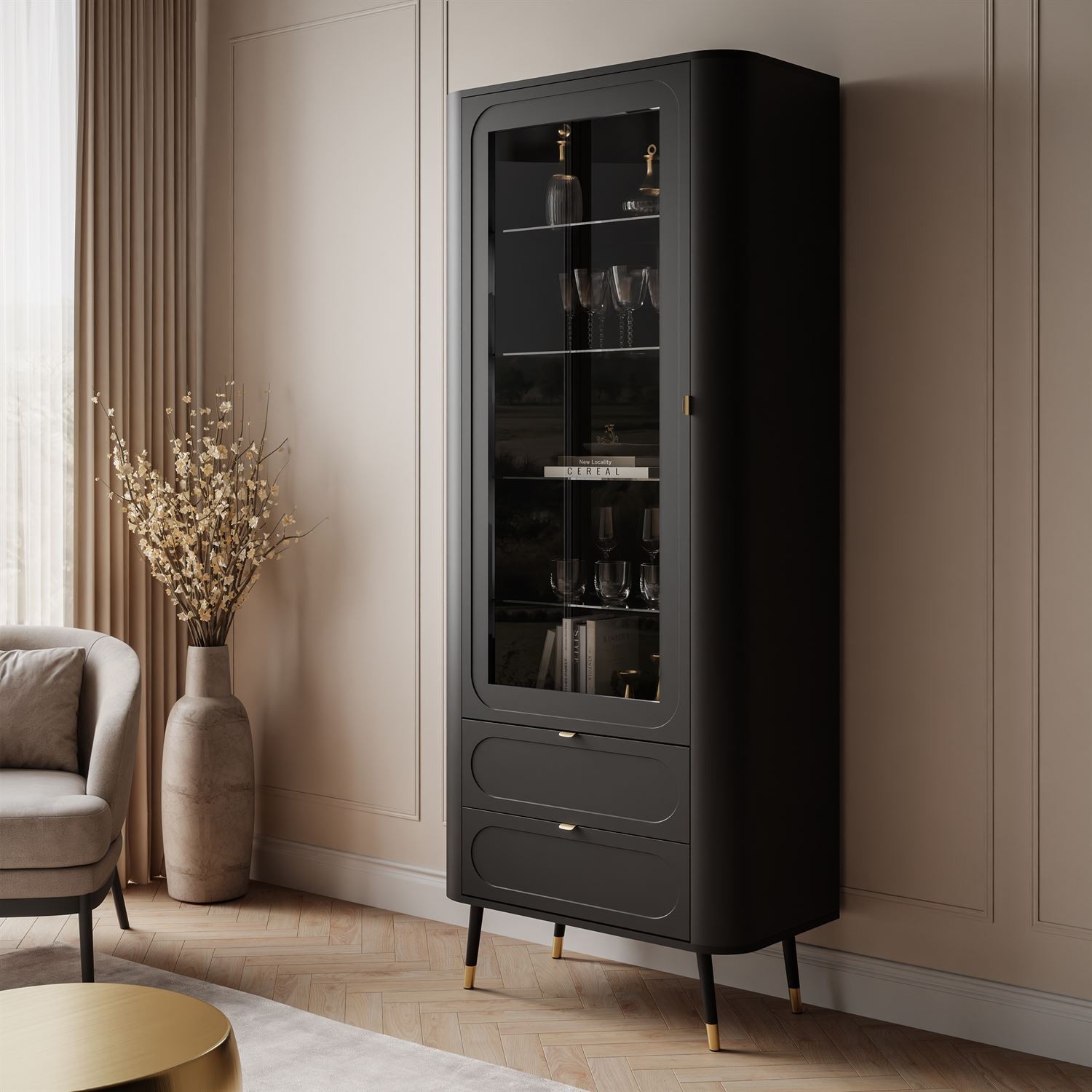 Verglaste Vitrine SHADOW mit Regalen