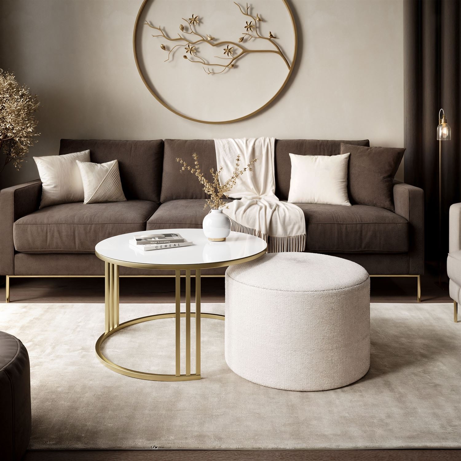 Couchtisch mit Hocker LORI GLASS gebürstetes Gold