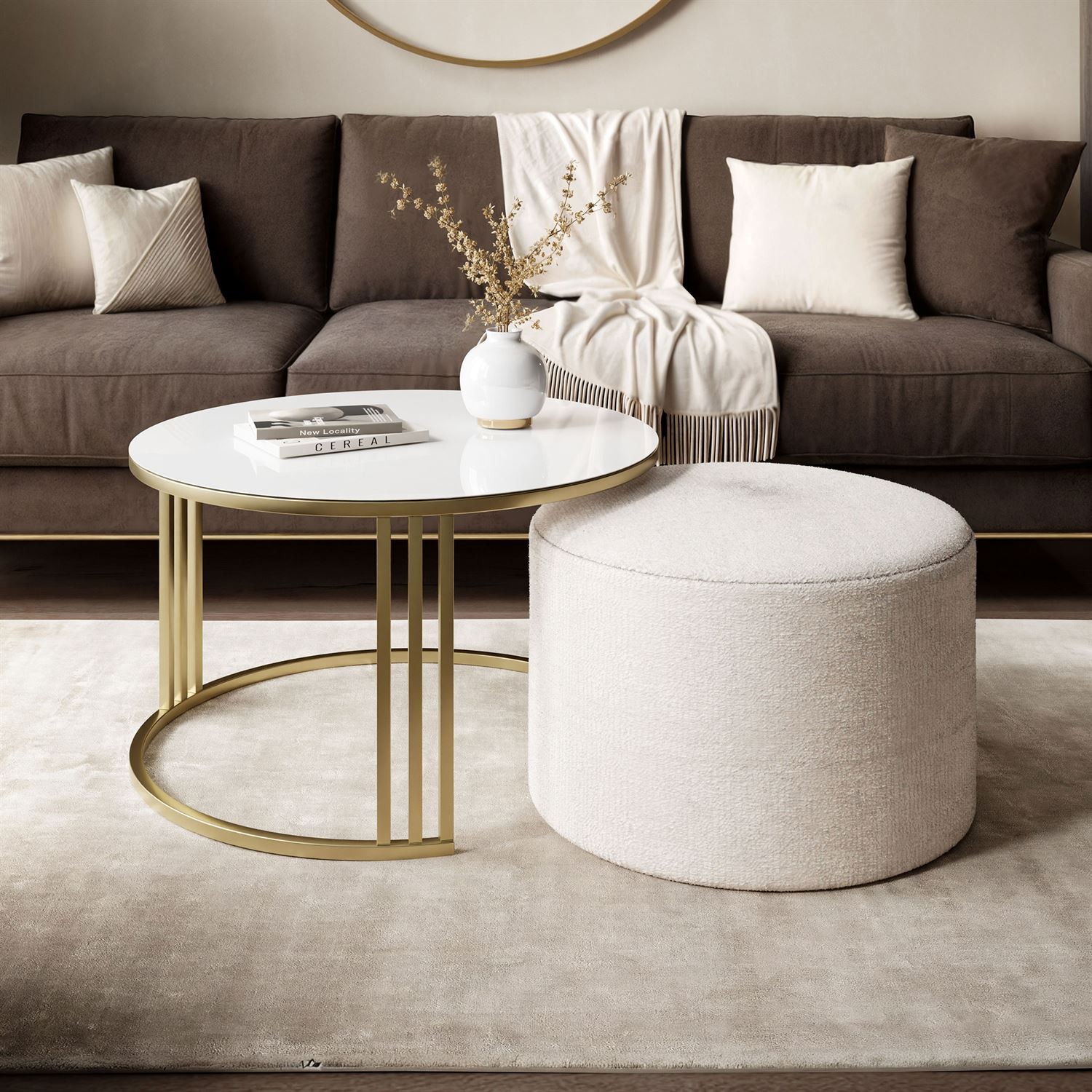 Couchtisch mit Hocker LORI GLASS gebürstetes Gold